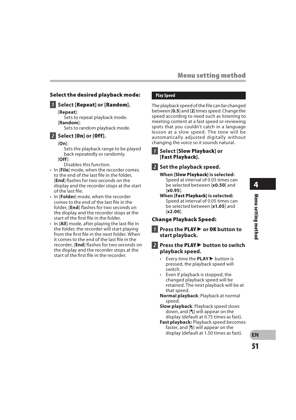 Menu setting method | Olympus DM-550 User Manual | Page 51 / 128