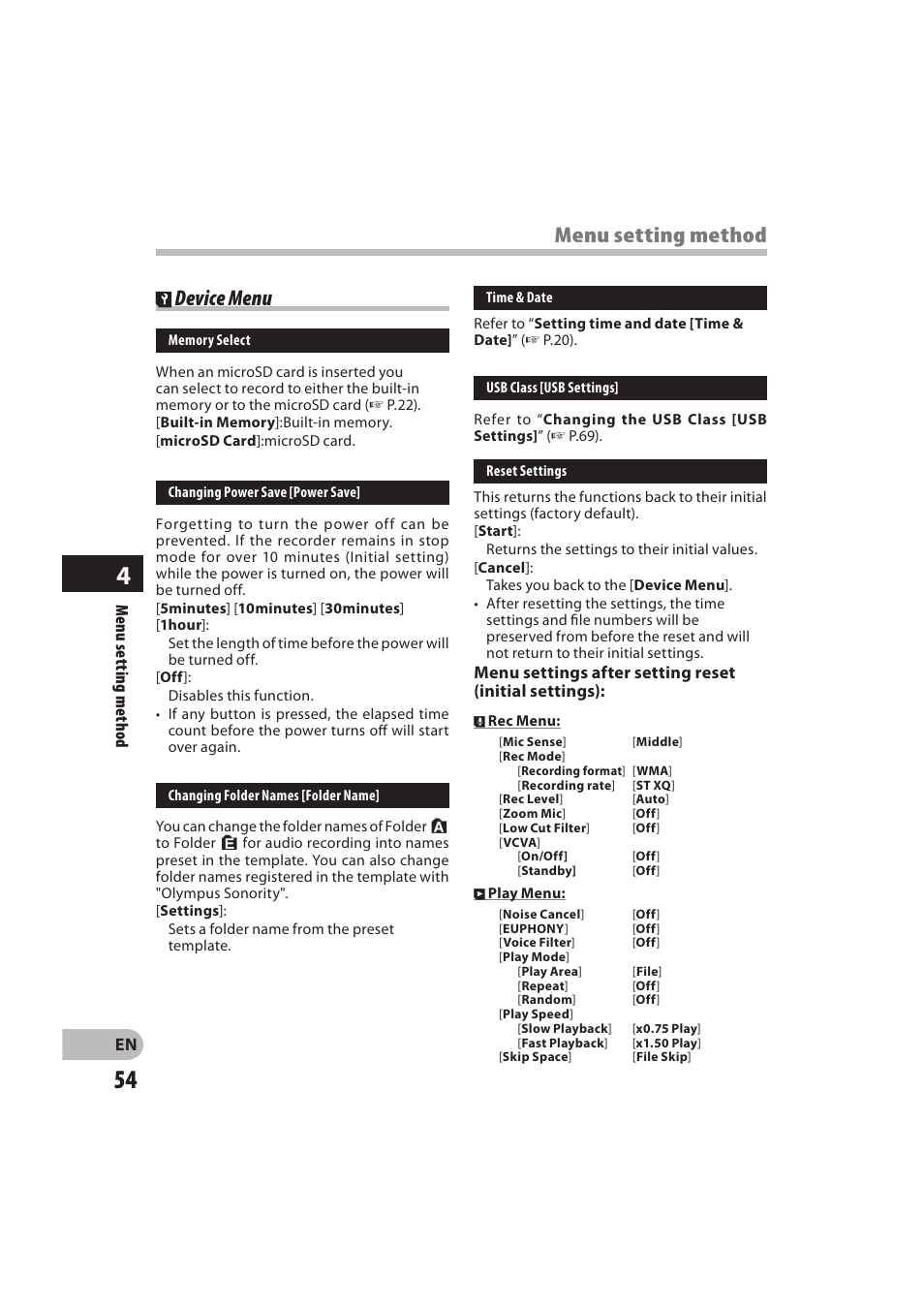 Device menu, Menu setting method | Olympus DM-550 User Manual | Page 54 / 128