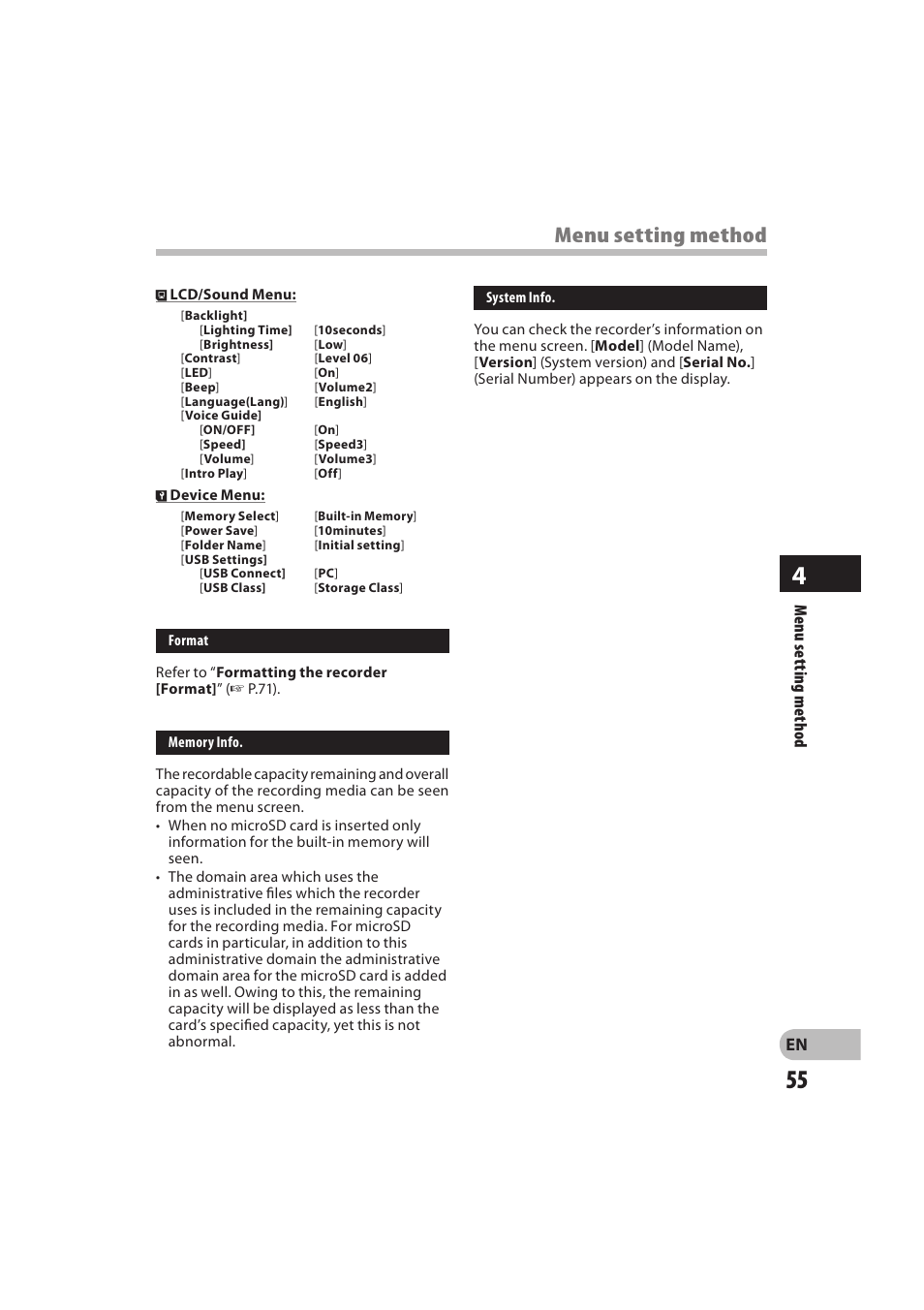 Menu setting method | Olympus DM-550 User Manual | Page 55 / 128