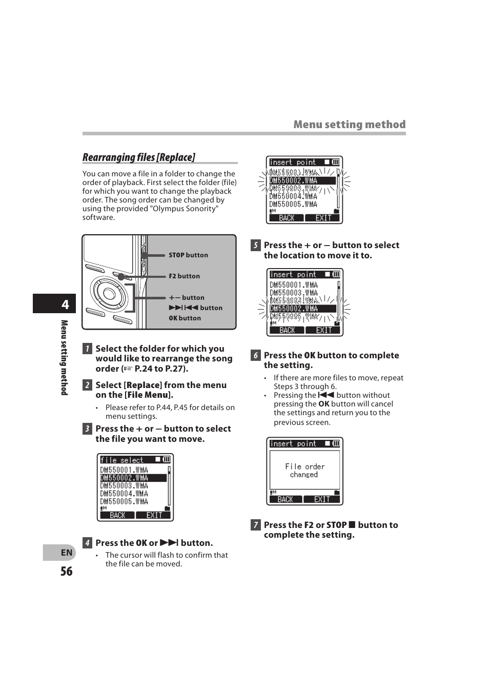 Rearranging files [replace, Menu setting method | Olympus DM-550 User Manual | Page 56 / 128