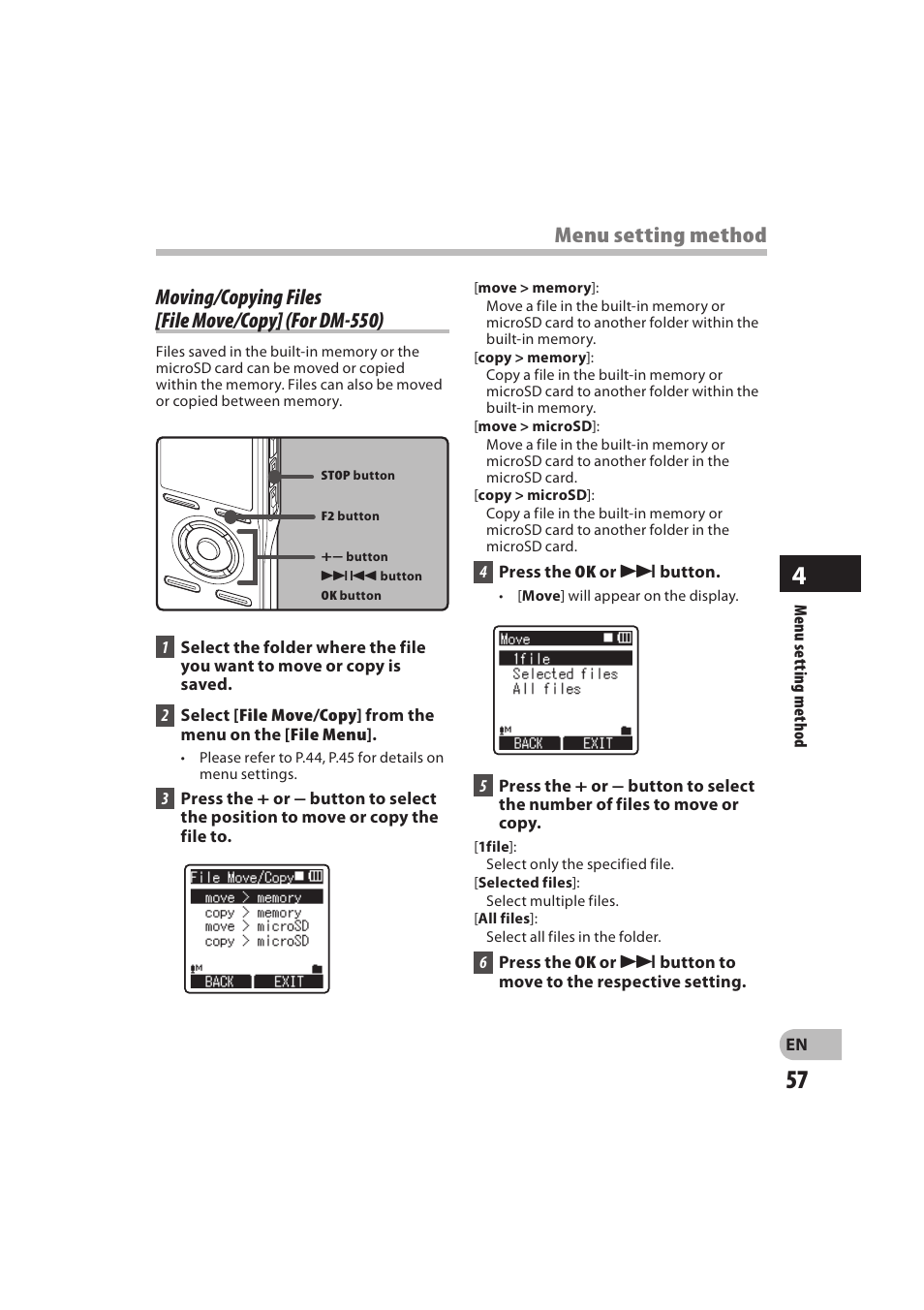 Moving/copying files [file move/copy] (for dm-550), Menu setting method | Olympus DM-550 User Manual | Page 57 / 128