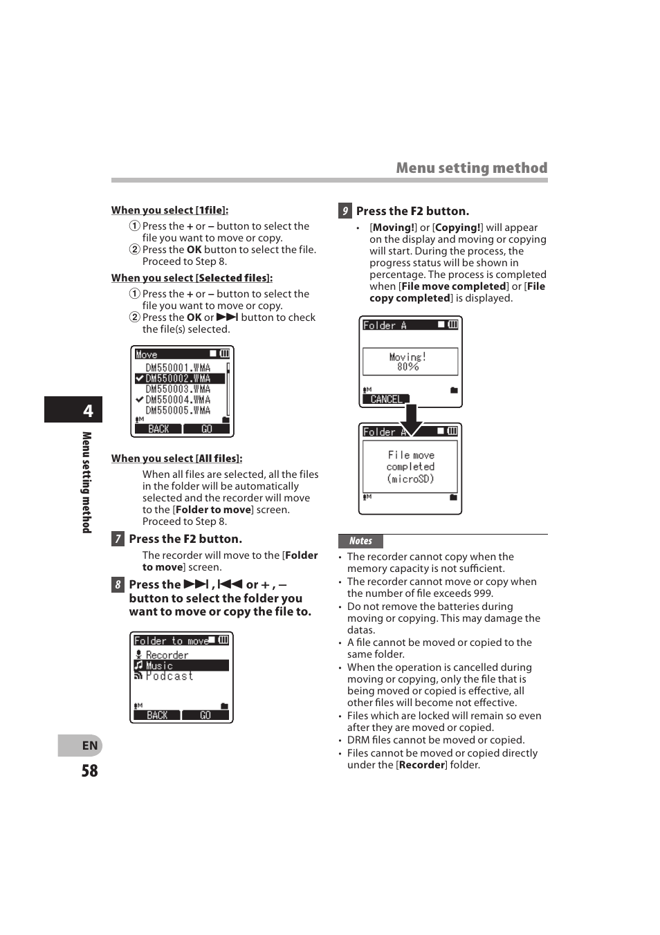 Menu setting method | Olympus DM-550 User Manual | Page 58 / 128
