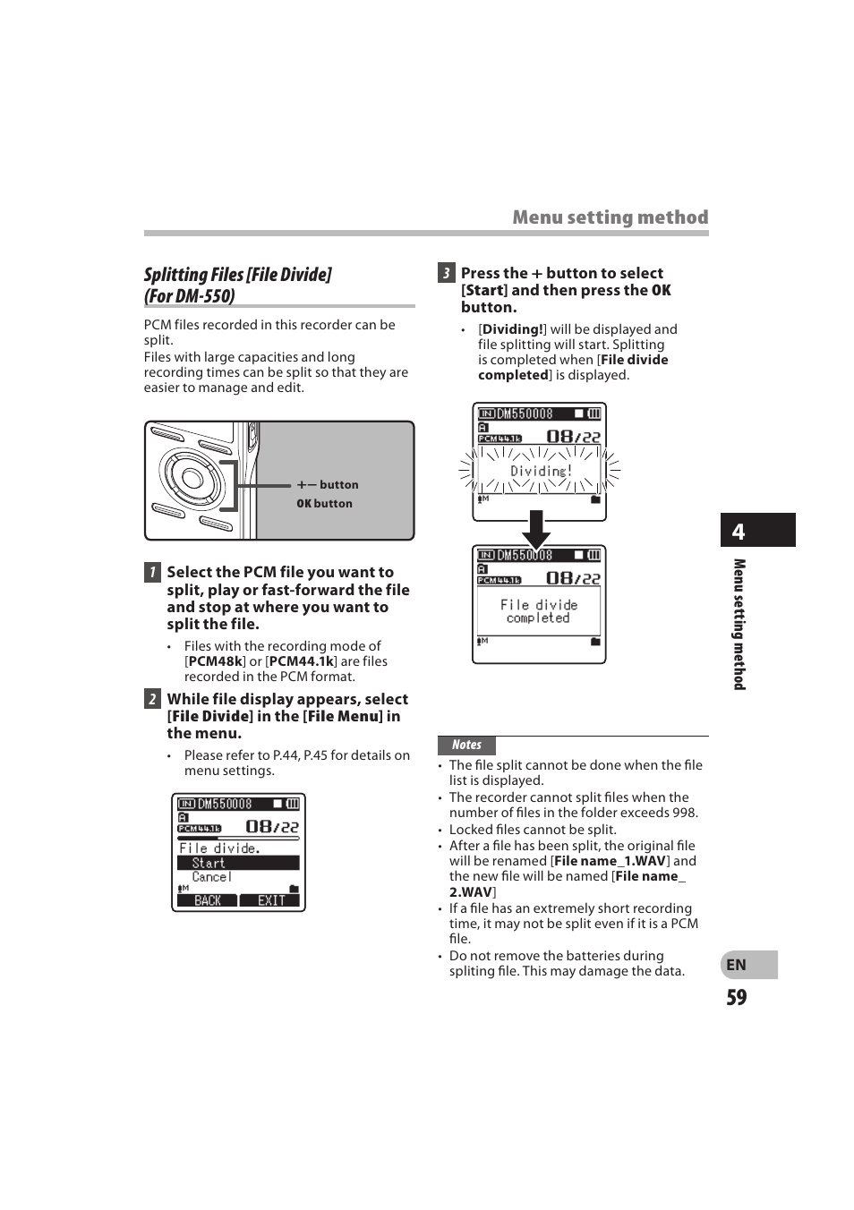 Splitting files [file divide] (for dm-550), Menu setting method | Olympus DM-550 User Manual | Page 59 / 128