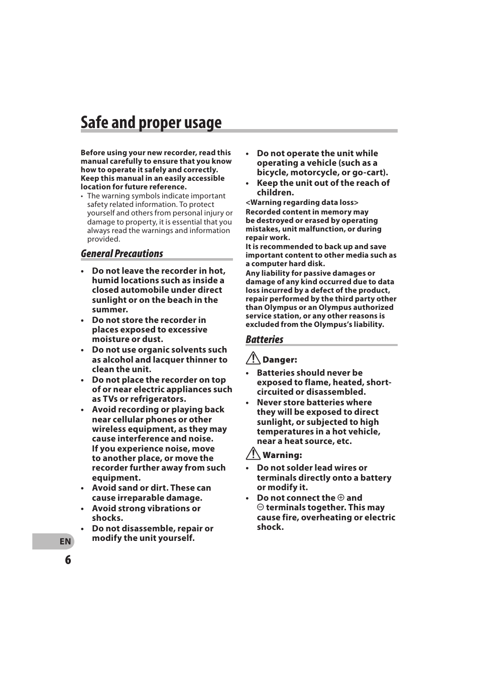 Safe and proper usage | Olympus DM-550 User Manual | Page 6 / 128