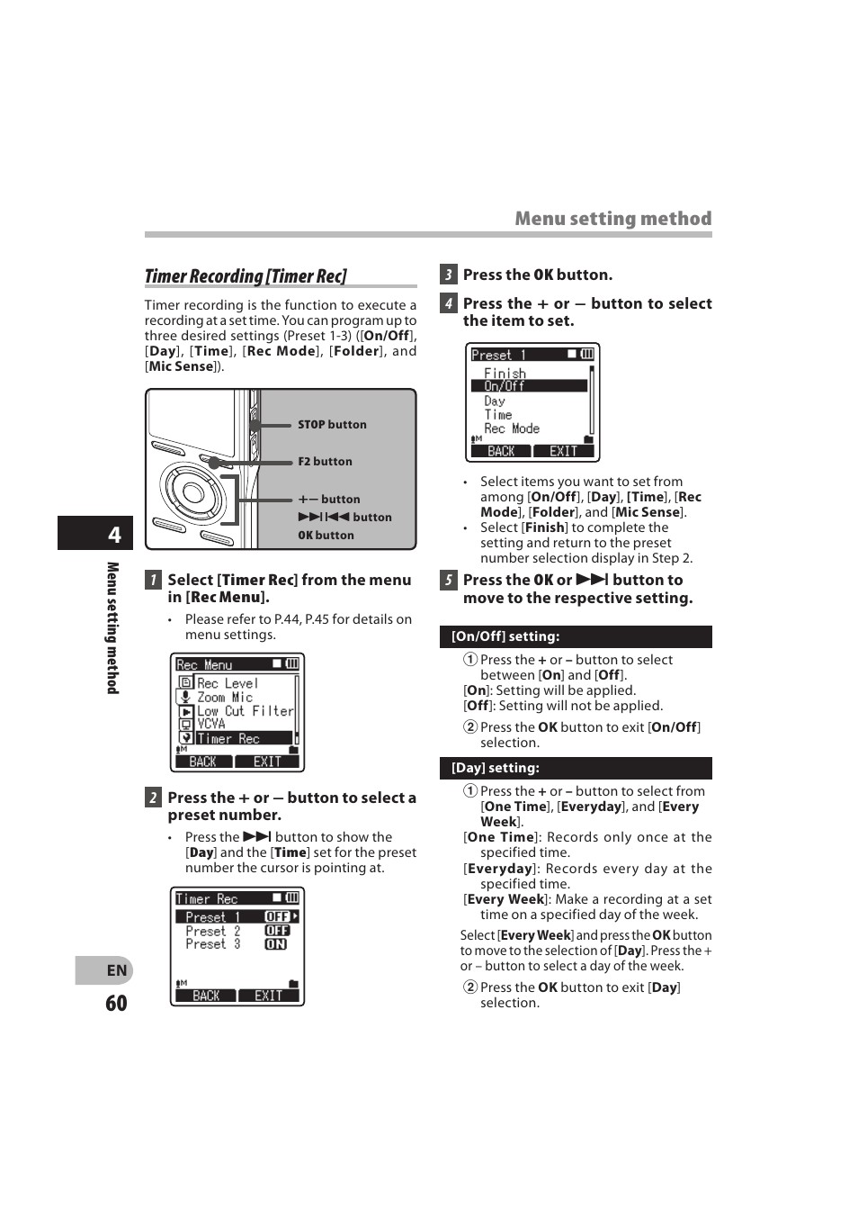 Timer recording [timer rec, Menu setting method | Olympus DM-550 User Manual | Page 60 / 128