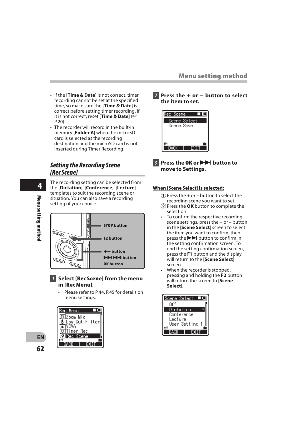 Setting the recording scene [rec scene, Menu setting method | Olympus DM-550 User Manual | Page 62 / 128