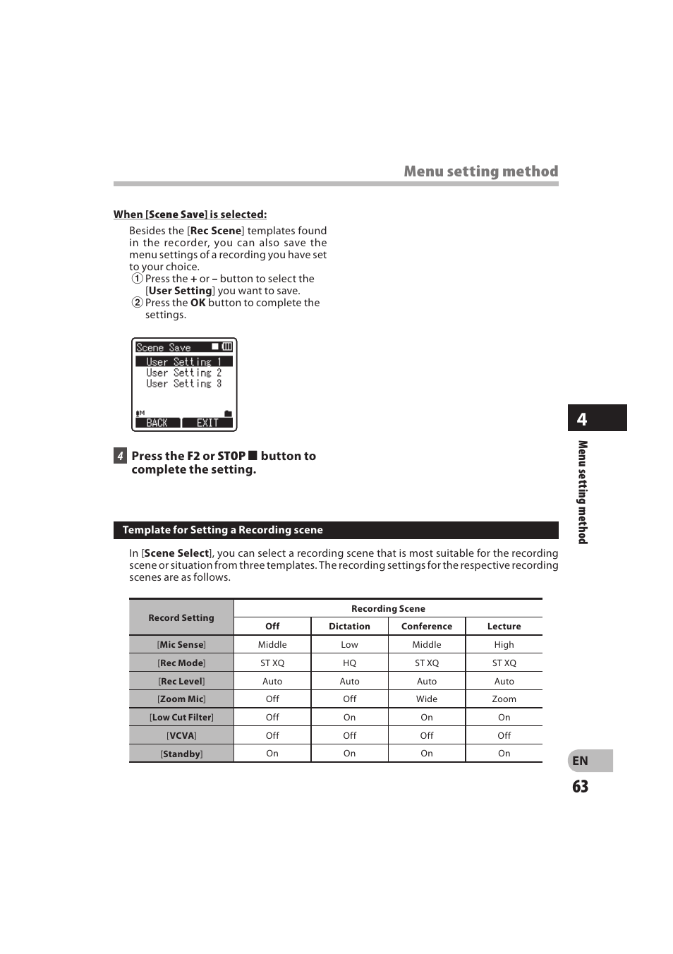 Menu setting method | Olympus DM-550 User Manual | Page 63 / 128
