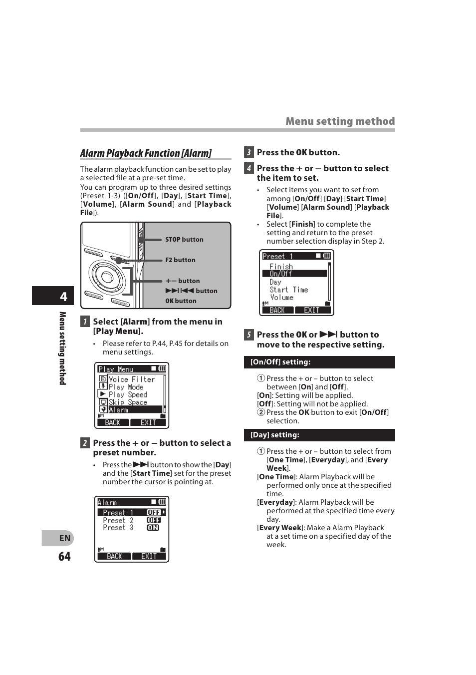 Alarm playback function [alarm, Menu setting method | Olympus DM-550 User Manual | Page 64 / 128