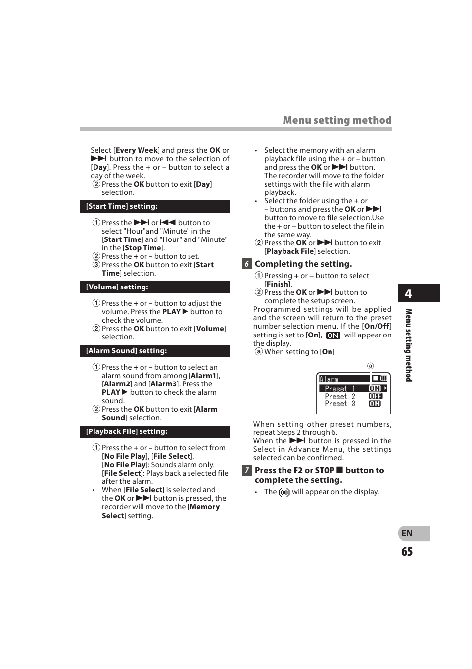 Menu setting method | Olympus DM-550 User Manual | Page 65 / 128