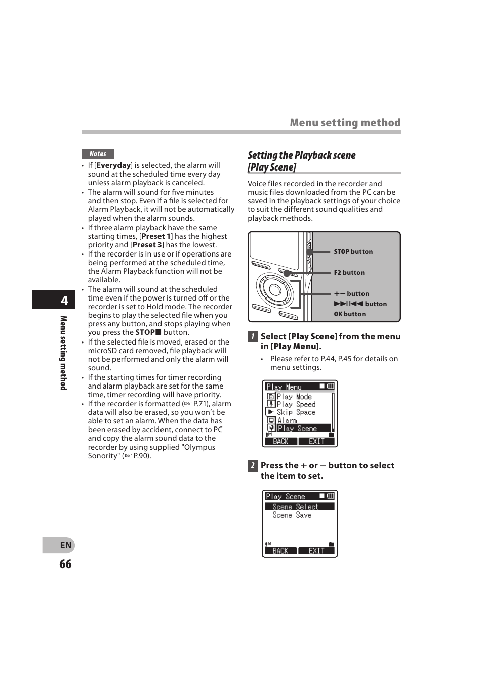 Setting the playback scene [play scene, Menu setting method | Olympus DM-550 User Manual | Page 66 / 128