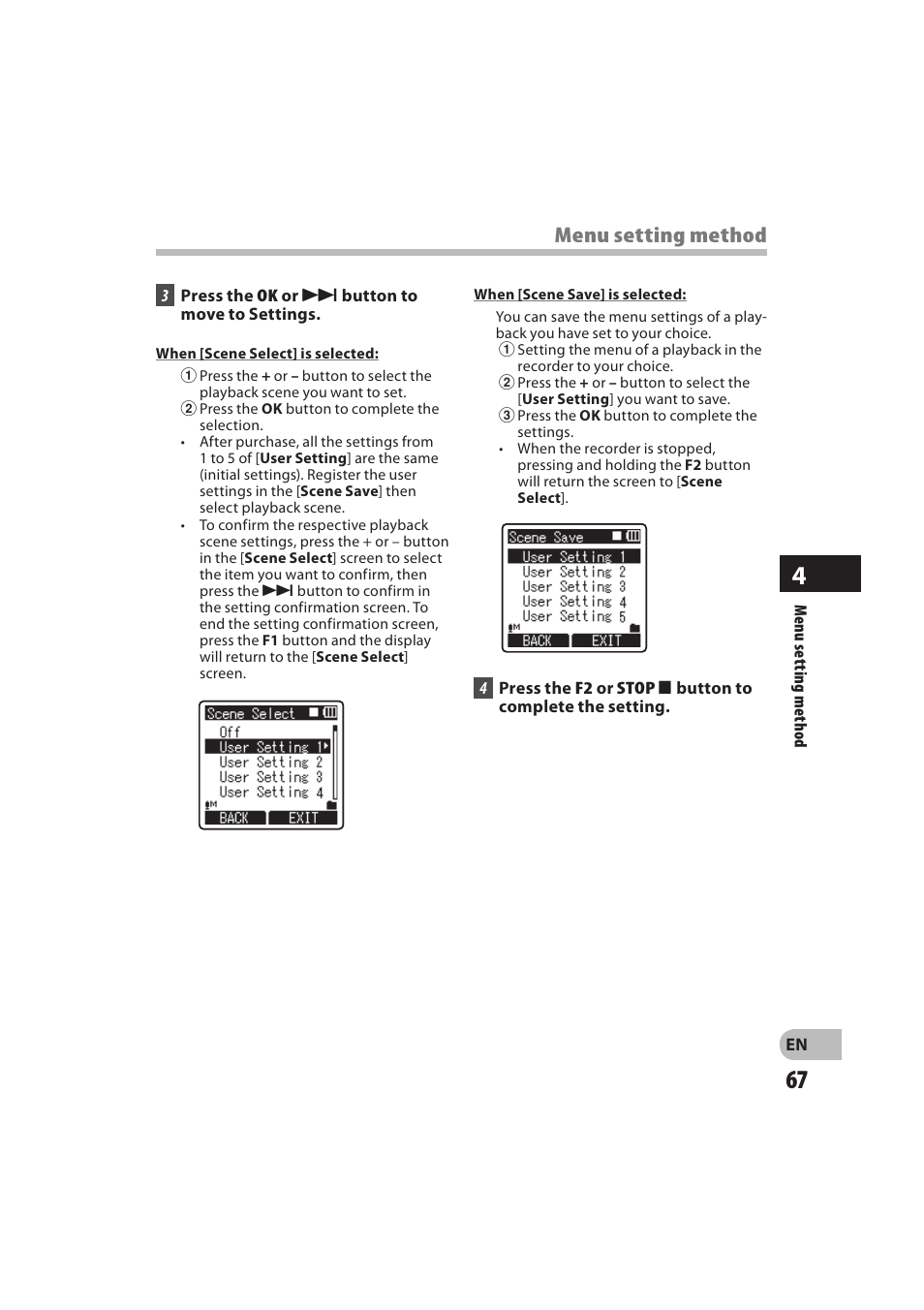 Menu setting method | Olympus DM-550 User Manual | Page 67 / 128