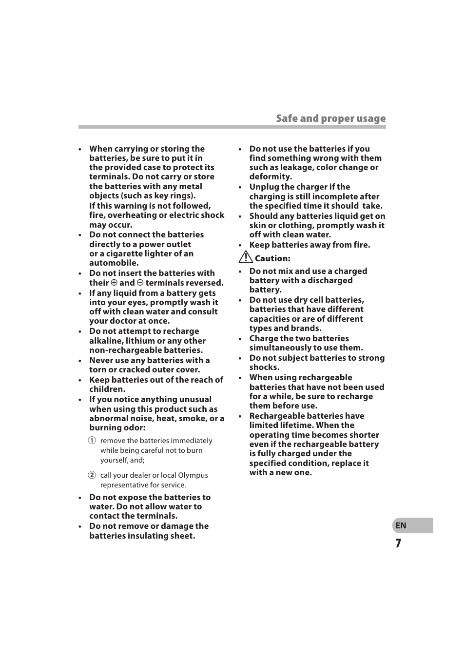 Safe and proper usage | Olympus DM-550 User Manual | Page 7 / 128