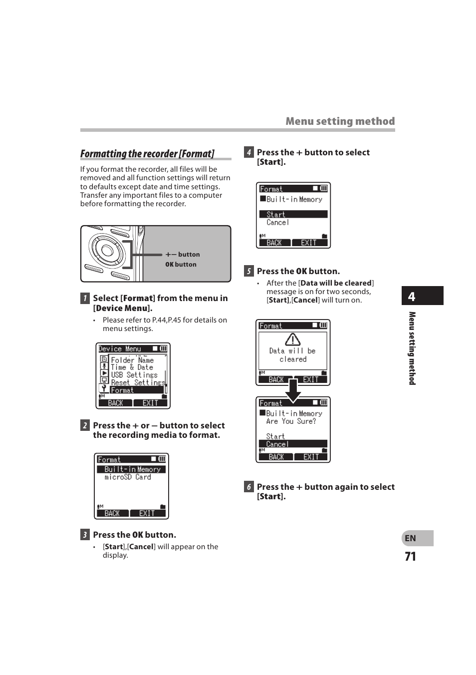 Formatting the recorder [format, Menu setting method | Olympus DM-550 User Manual | Page 71 / 128
