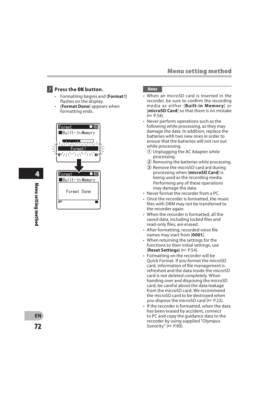 Menu setting method | Olympus DM-550 User Manual | Page 72 / 128