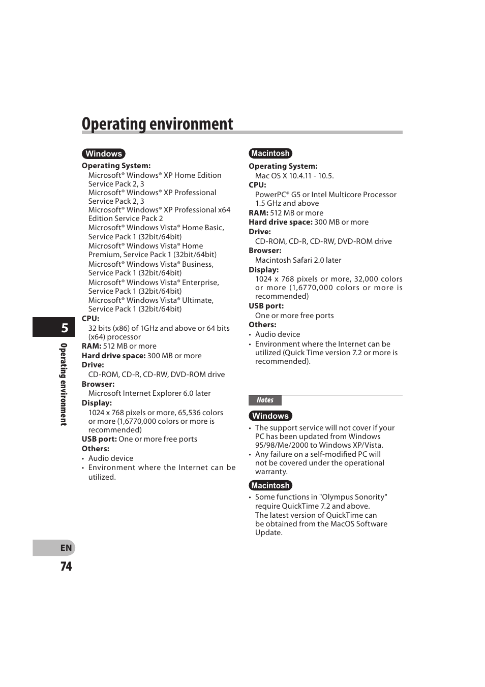 Operating environment | Olympus DM-550 User Manual | Page 74 / 128