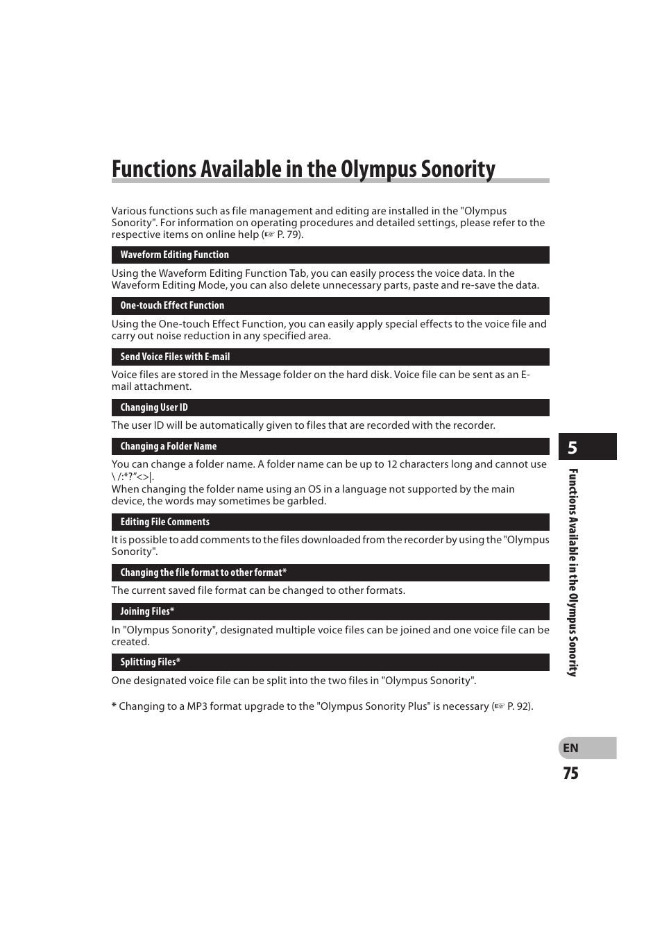 Functions available in the olympus sonority | Olympus DM-550 User Manual | Page 75 / 128