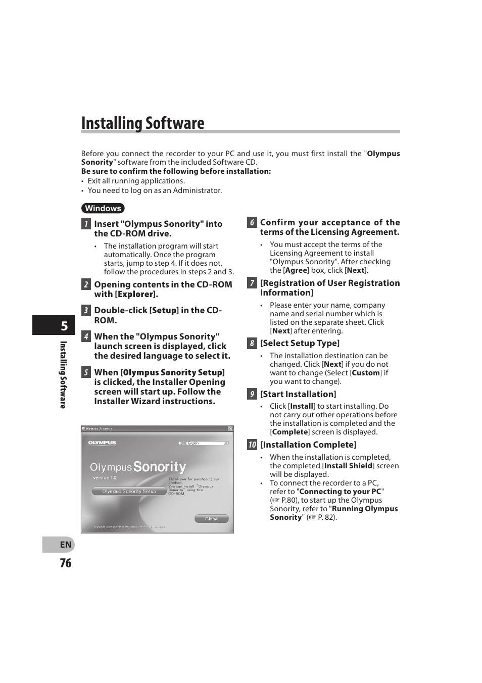 Installing software | Olympus DM-550 User Manual | Page 76 / 128