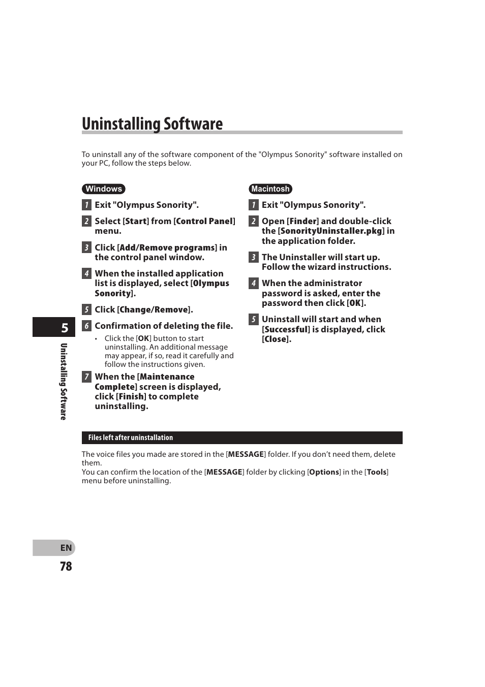 Uninstalling software | Olympus DM-550 User Manual | Page 78 / 128