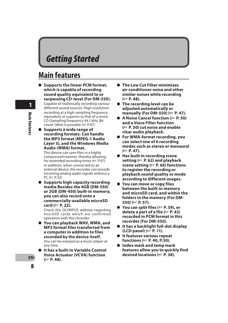 Getting started, Main features | Olympus DM-550 User Manual | Page 8 / 128