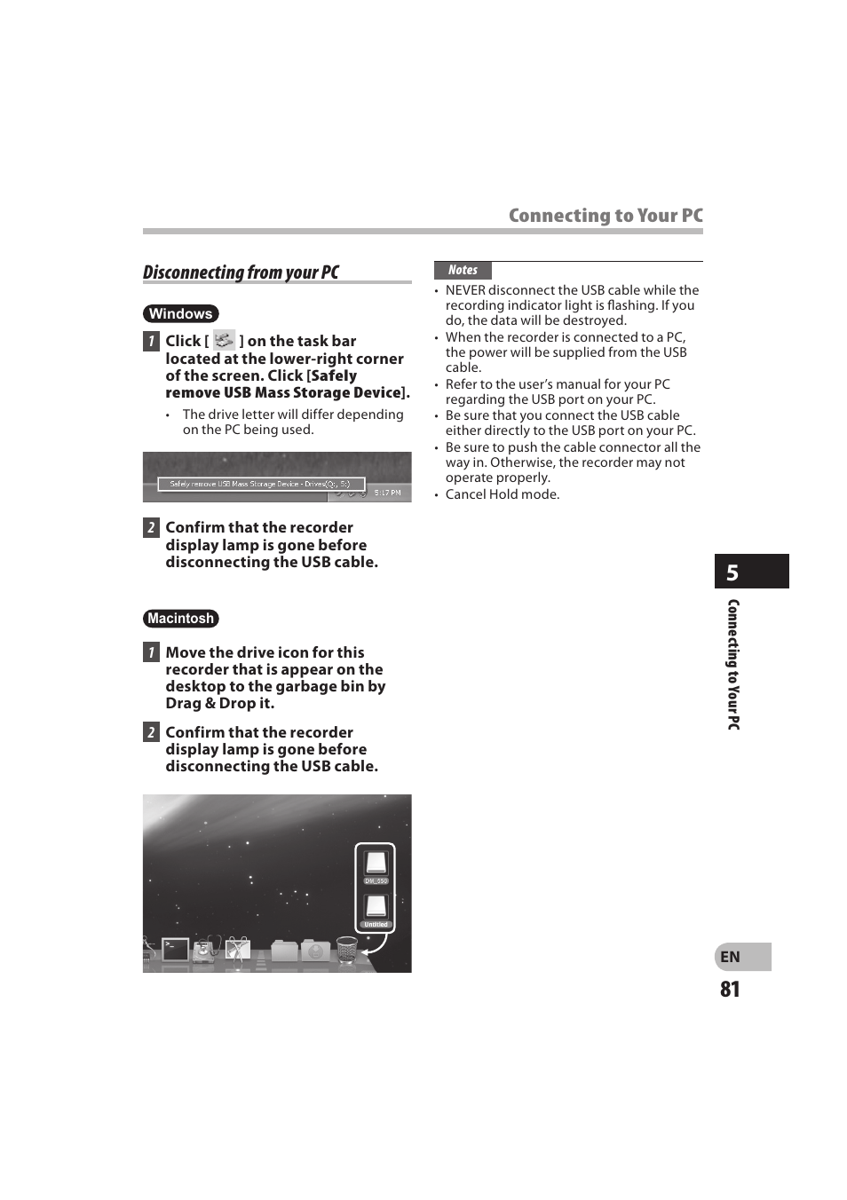 Connecting to your pc disconnecting from your pc | Olympus DM-550 User Manual | Page 81 / 128