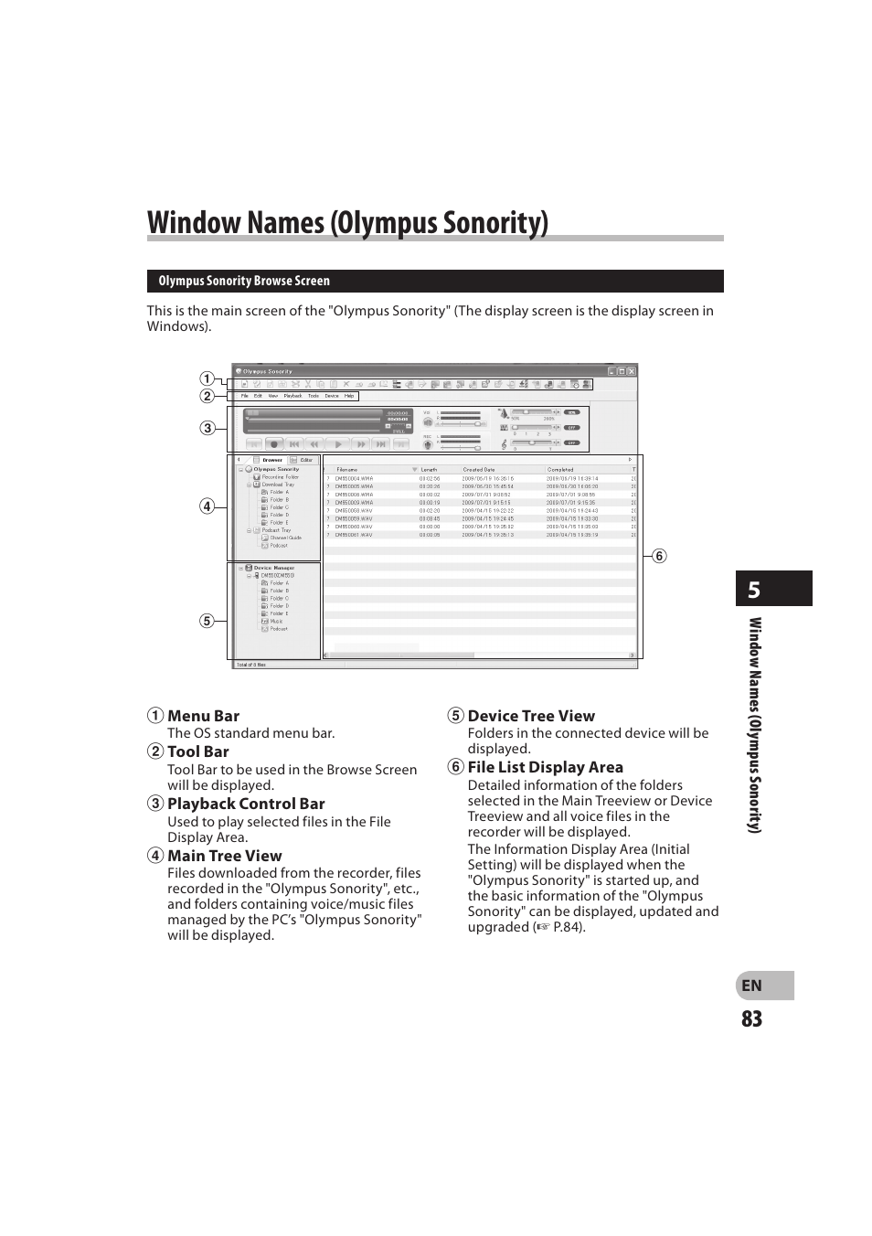 Window names (olympus sonority) | Olympus DM-550 User Manual | Page 83 / 128