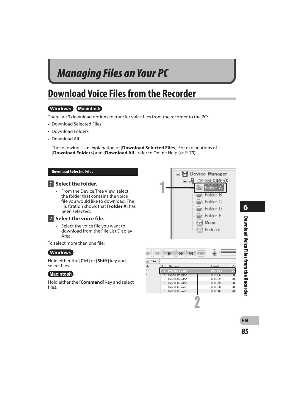 Managing files on your pc, Download voice files from the recorder | Olympus DM-550 User Manual | Page 85 / 128