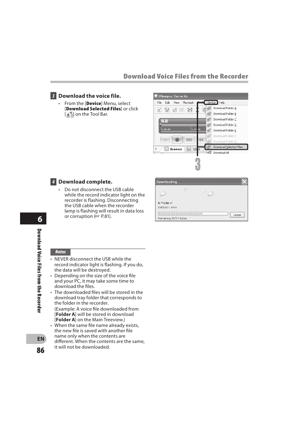 Download voice files from the recorder | Olympus DM-550 User Manual | Page 86 / 128