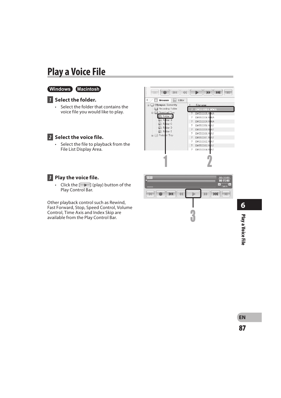 Play a voice file | Olympus DM-550 User Manual | Page 87 / 128