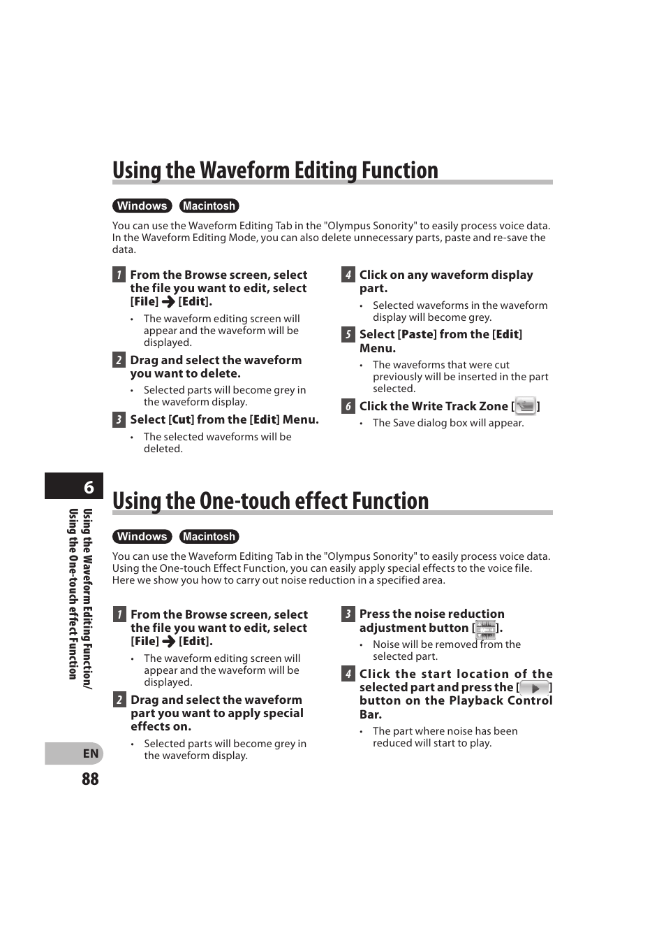 Using the waveform editing function, Using the one-touch effect function | Olympus DM-550 User Manual | Page 88 / 128