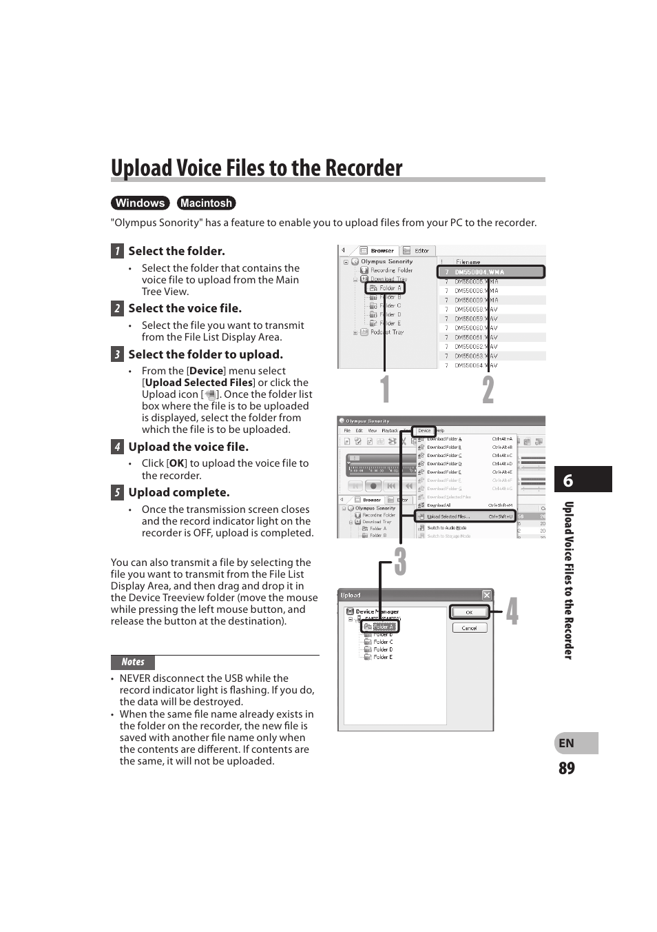 Upload voice files to the recorder | Olympus DM-550 User Manual | Page 89 / 128