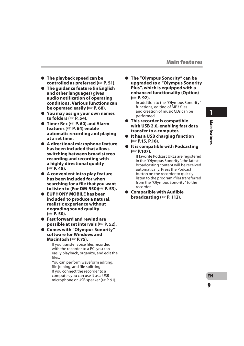 Main features | Olympus DM-550 User Manual | Page 9 / 128
