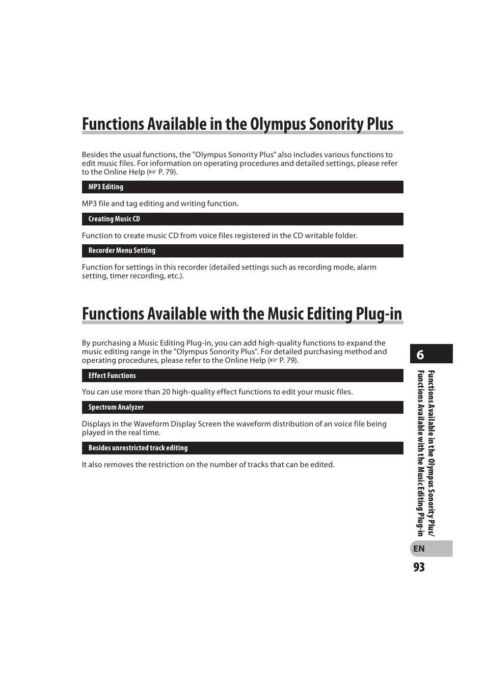 Functions available in the olympus sonority plus, Functions available with the music editing plug-in | Olympus DM-550 User Manual | Page 93 / 128