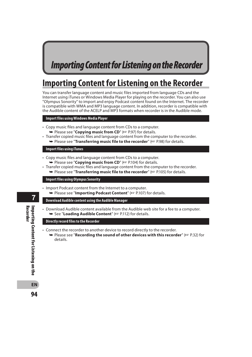 Importing content for listening on the recorder | Olympus DM-550 User Manual | Page 94 / 128