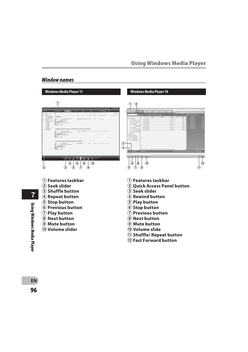 Using windows media player, Window names | Olympus DM-550 User Manual | Page 96 / 128