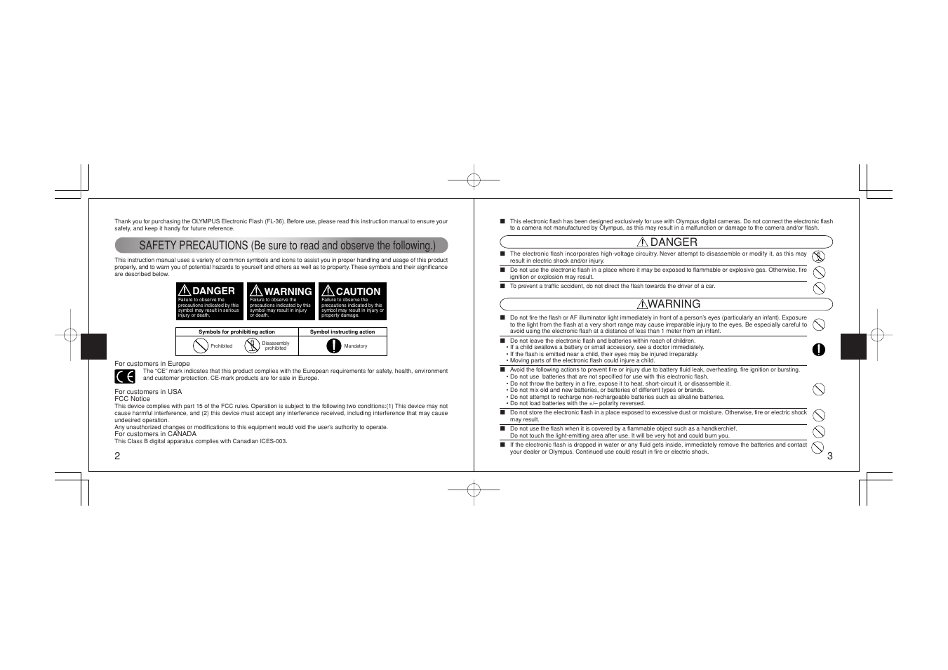 Danger warning | Olympus FL-36 User Manual | Page 2 / 33