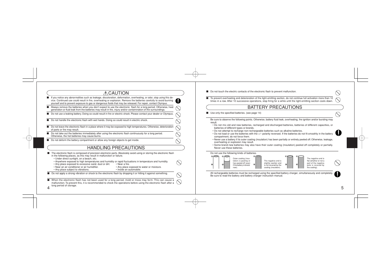 Battery precautions, Caution handling precautions | Olympus FL-36 User Manual | Page 3 / 33