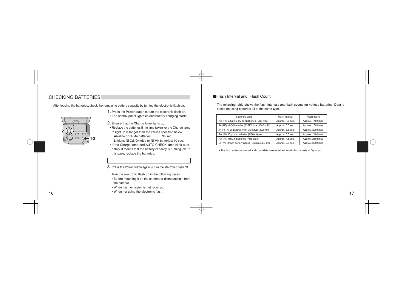 Checking batteries | Olympus FL-36 User Manual | Page 9 / 33
