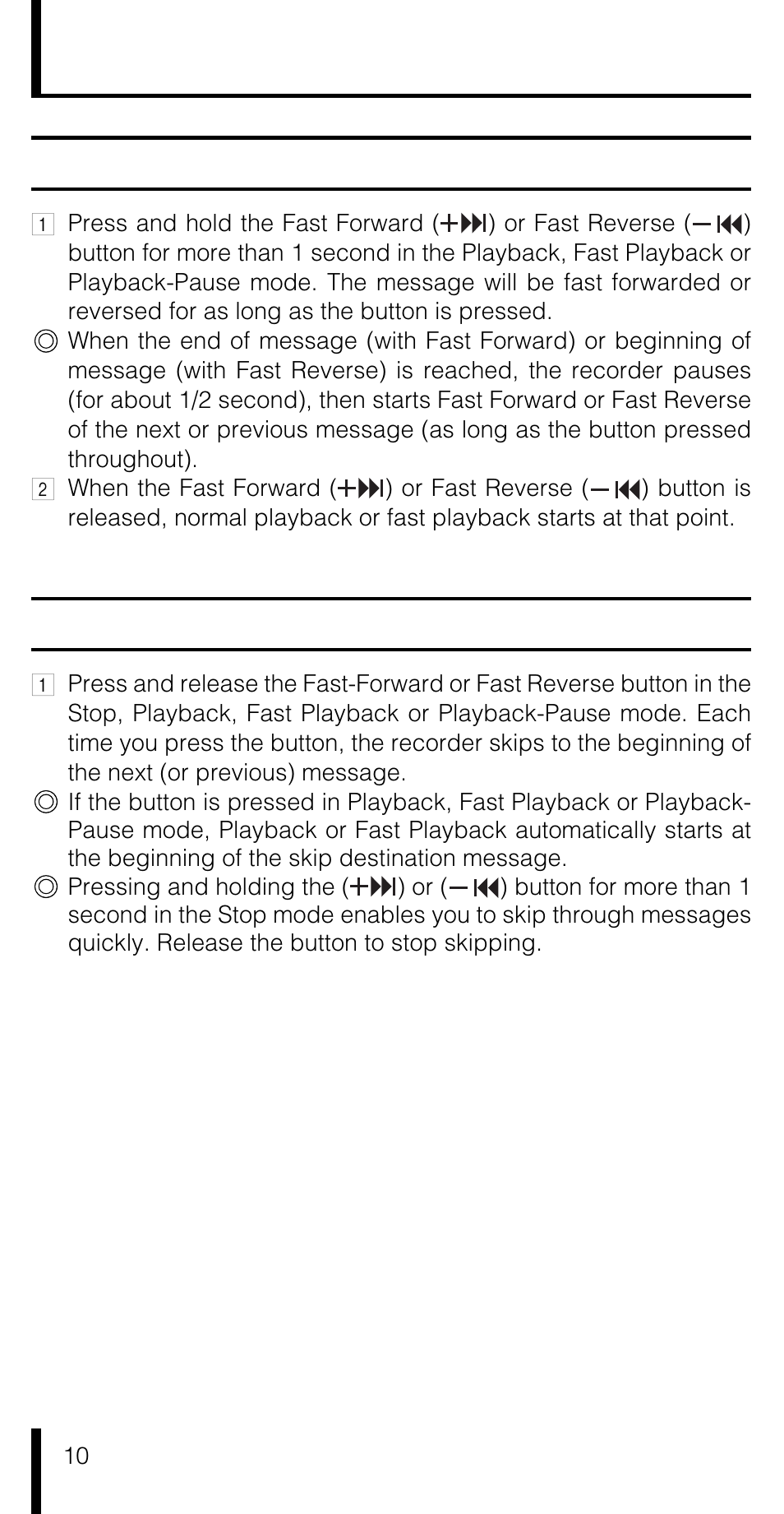 Fast forward/fast reverse, Forward skip (f-skip)/reverse skip (r-skip) | Olympus VN-180 User Manual | Page 10 / 26