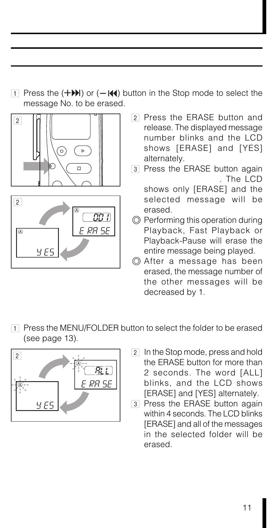 Erasing (erase), Erasing a single message (erase), Erasing all messages in a folder (all erase) | Olympus VN-180 User Manual | Page 11 / 26