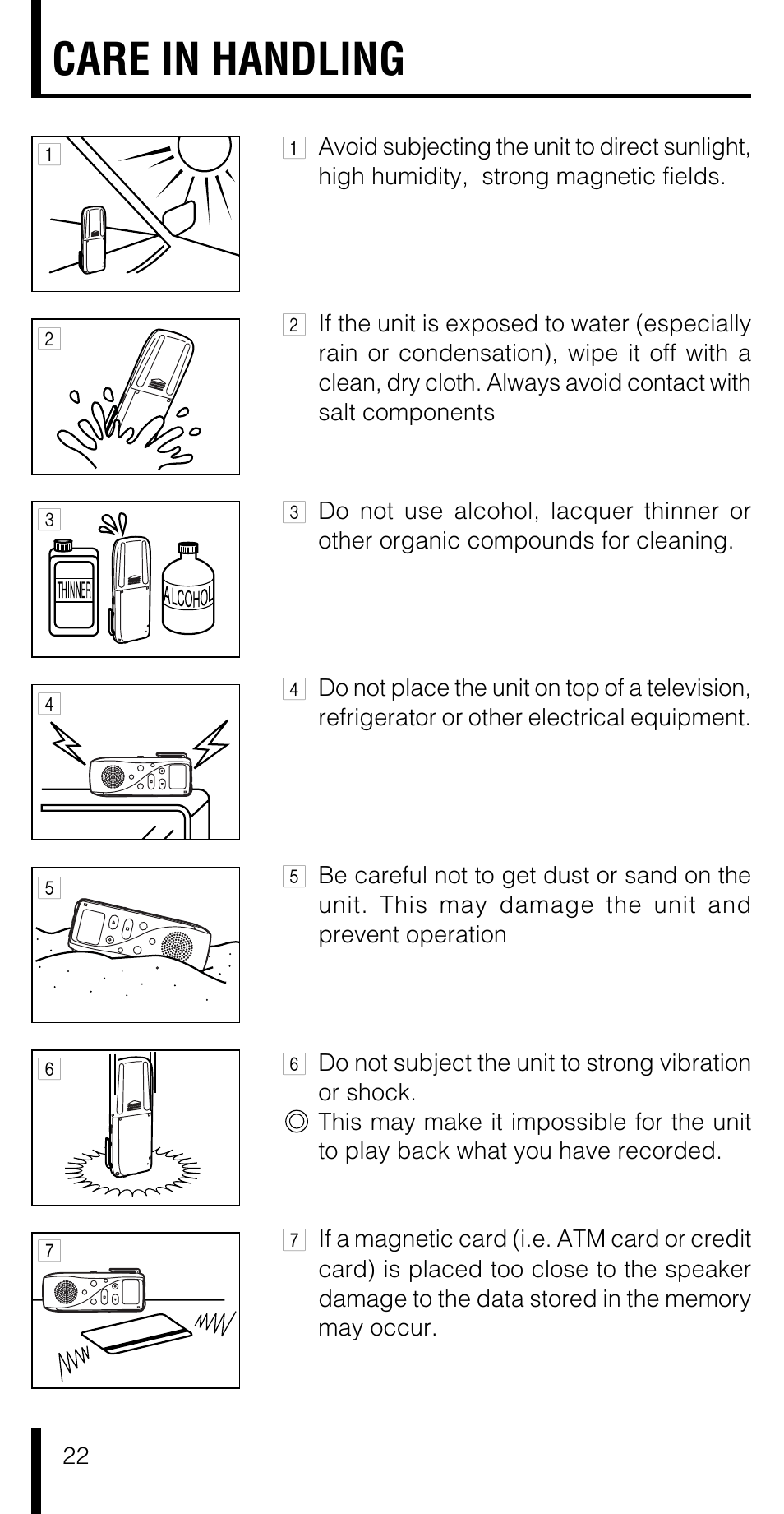 Care in handling | Olympus VN-180 User Manual | Page 22 / 26