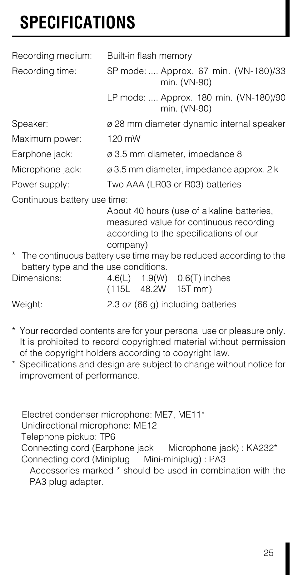 Specifications, Accessories (optional) | Olympus VN-180 User Manual | Page 25 / 26