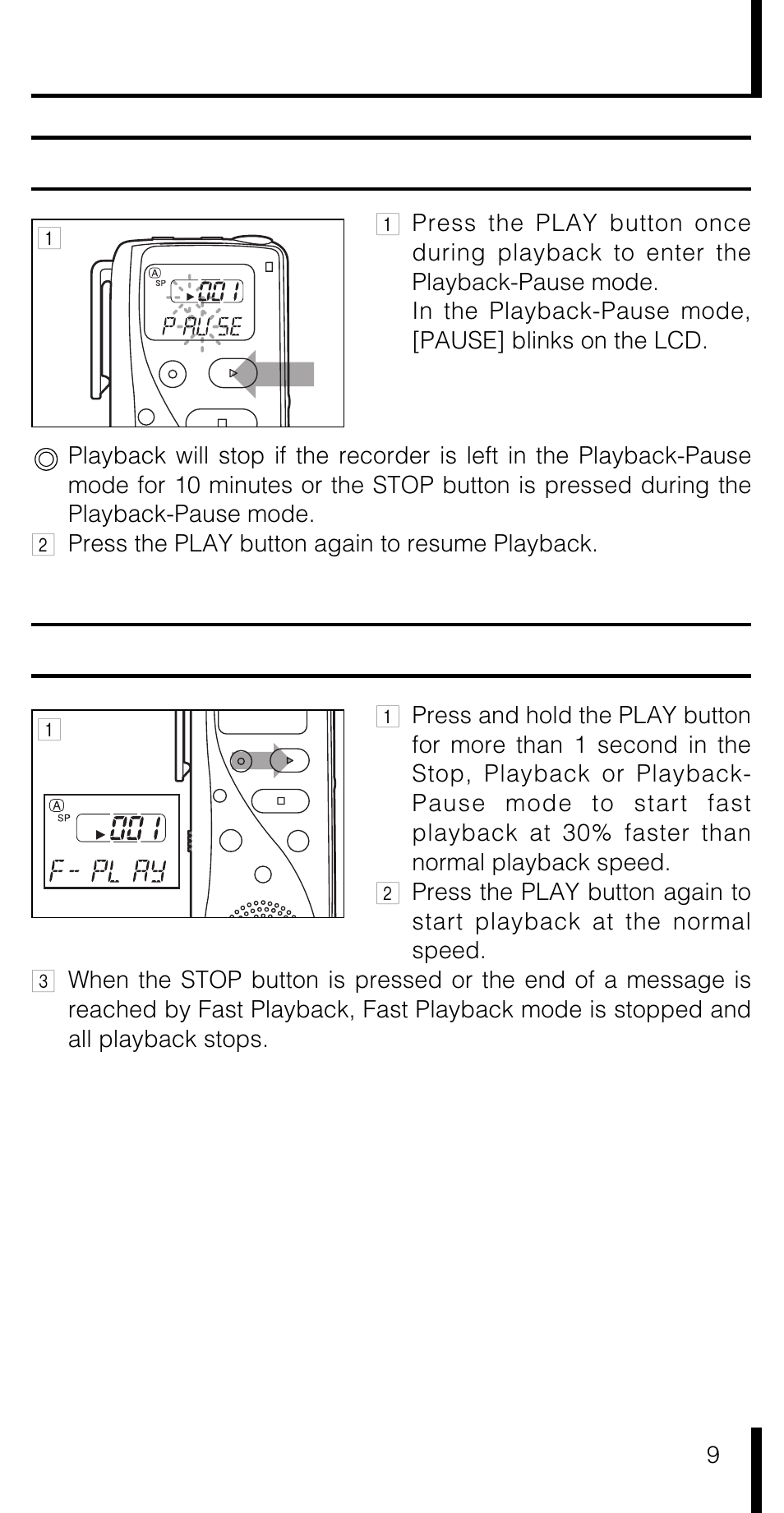 Playback-pause (pause), Fast playback | Olympus VN-180 User Manual | Page 9 / 26
