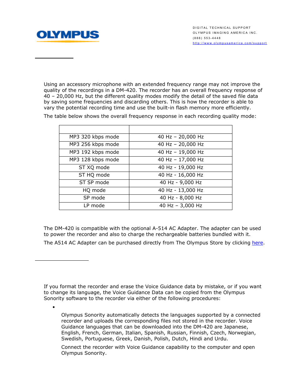 Is there an ac adapter available for the dm-420 | Olympus DM-420 User Manual | Page 13 / 14
