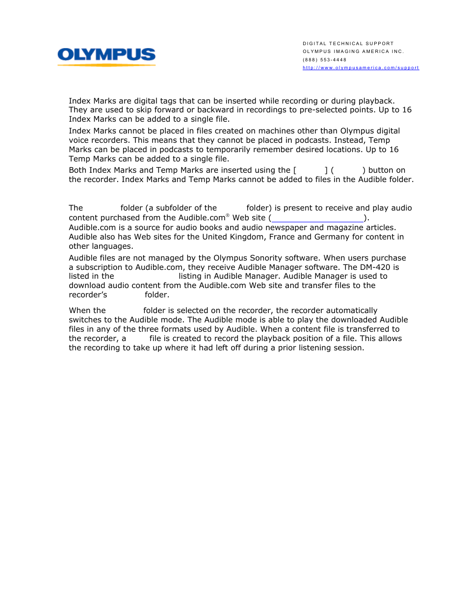 What are index marks and temp marks, What is the purpose of the audible folder | Olympus DM-420 User Manual | Page 7 / 14