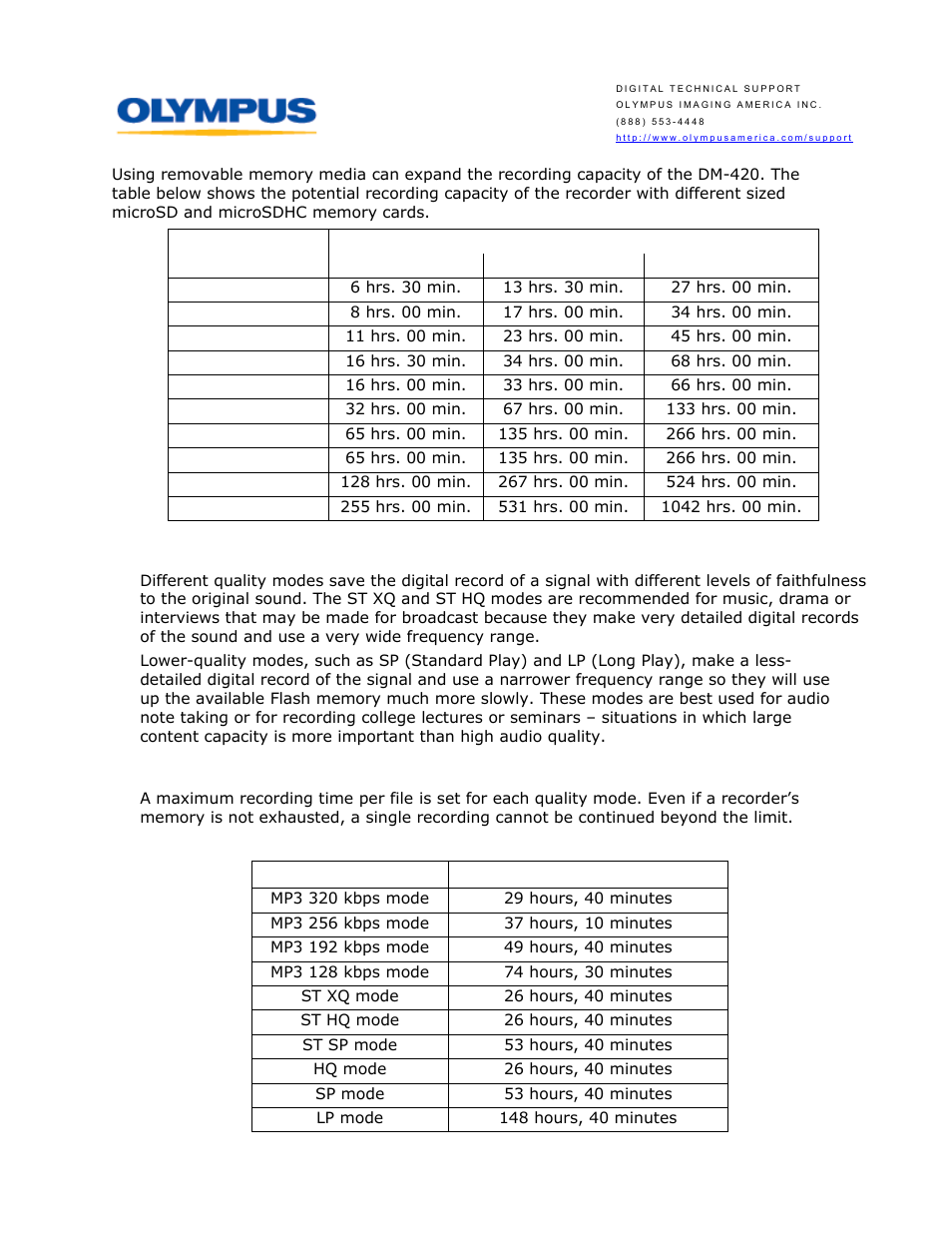 Which recording quality mode should i use, What are the maximum recording times per file | Olympus DM-420 User Manual | Page 9 / 14