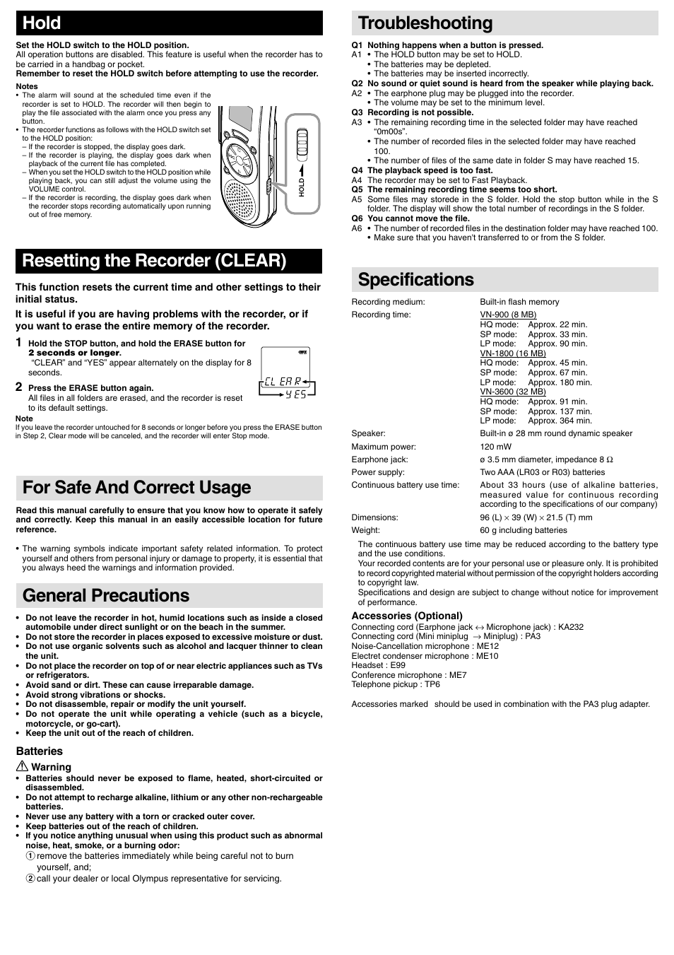 Troubleshooting, Specifications, For safe and correct usage | General precautions, Resetting the recorder (clear), Hold | Olympus VN-900 User Manual | Page 6 / 6