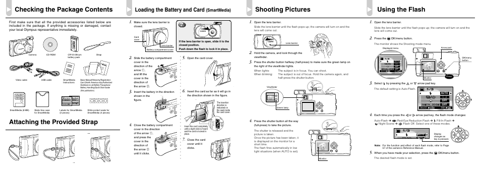 Checking the package contents shooting pictures, Using the flash, Attaching the provided strap | Loading the battery and card, Smartmedia) | Olympus C-150 ZOOM User Manual | Page 2 / 2