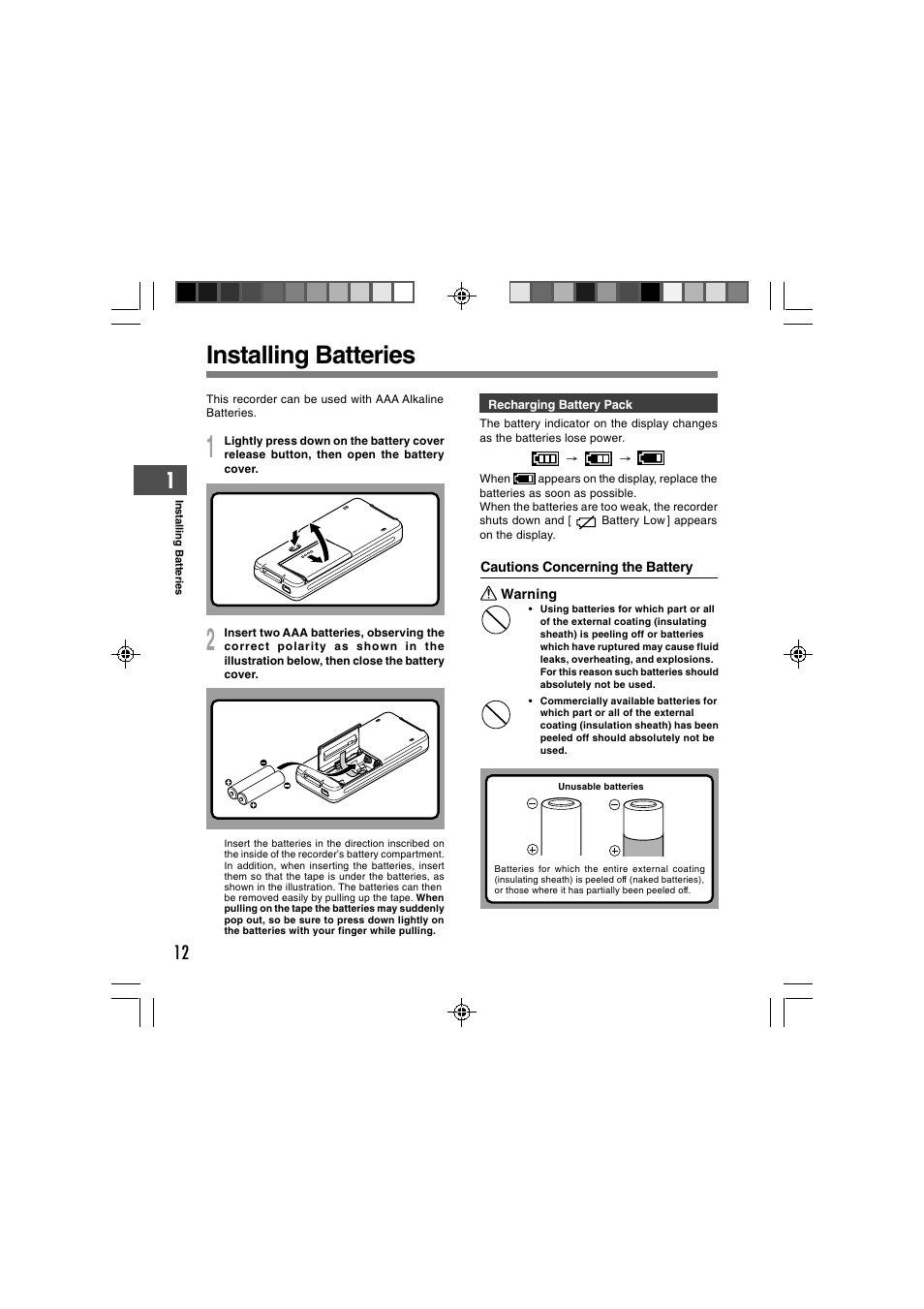 Installing batteries | Olympus DS-2400 User Manual | Page 12 / 64