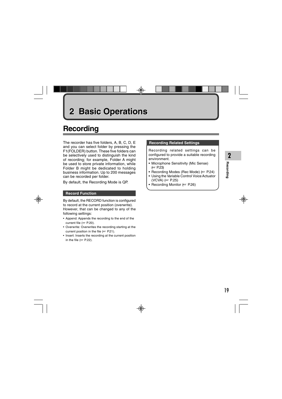 2 basic operations, Recording | Olympus DS-2400 User Manual | Page 19 / 64
