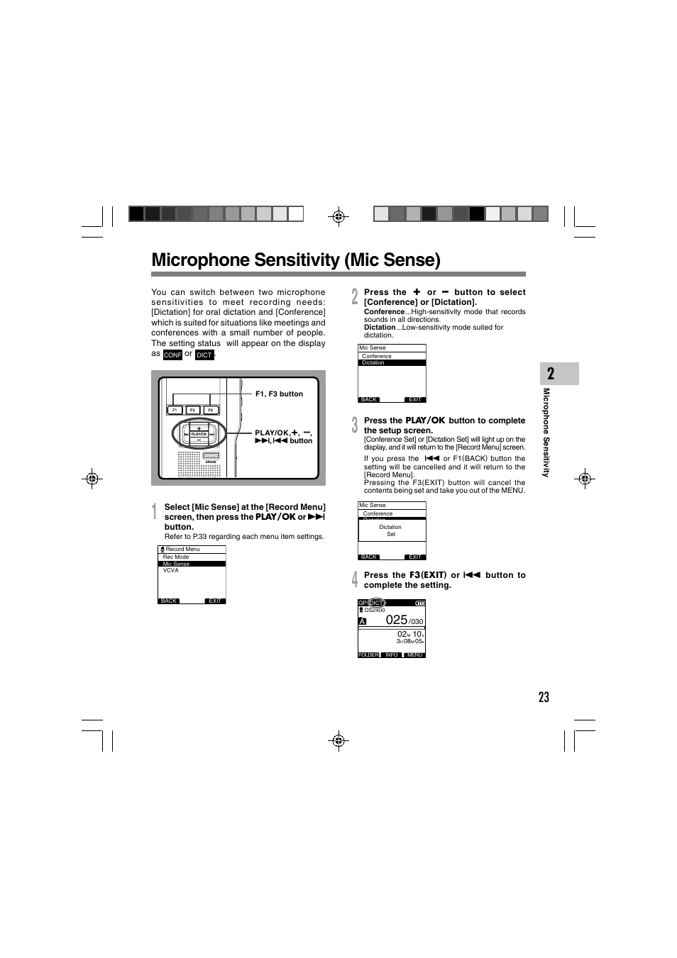 Microphone sensitivity (mic sense) | Olympus DS-2400 User Manual | Page 23 / 64
